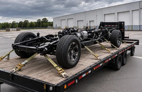 Loaded automotive chassis prepared for transport