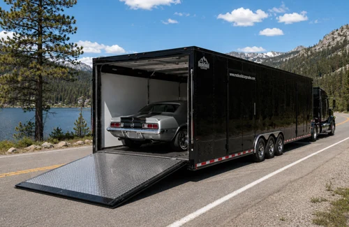 Vehicle being unloaded from an enclosed auto transport trailer