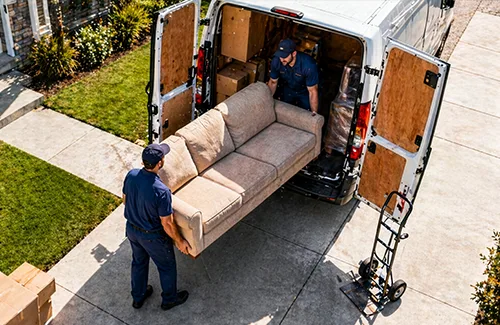Moving boxes out of a moving truck