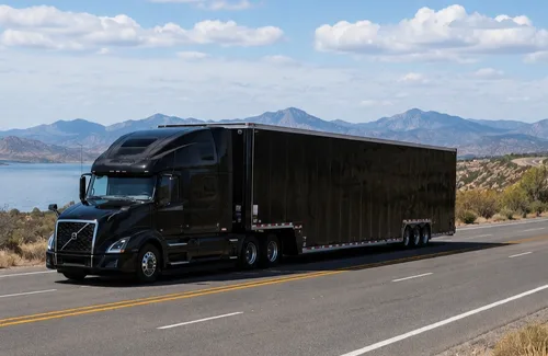 Semi truck hauling an enclosed trailer on the highway